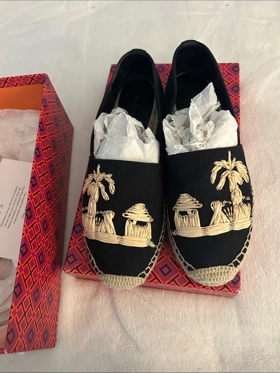 Tory Burch Shoes - Tory Burch Black Espadrille Flats with Beige Raffia Palm Motif